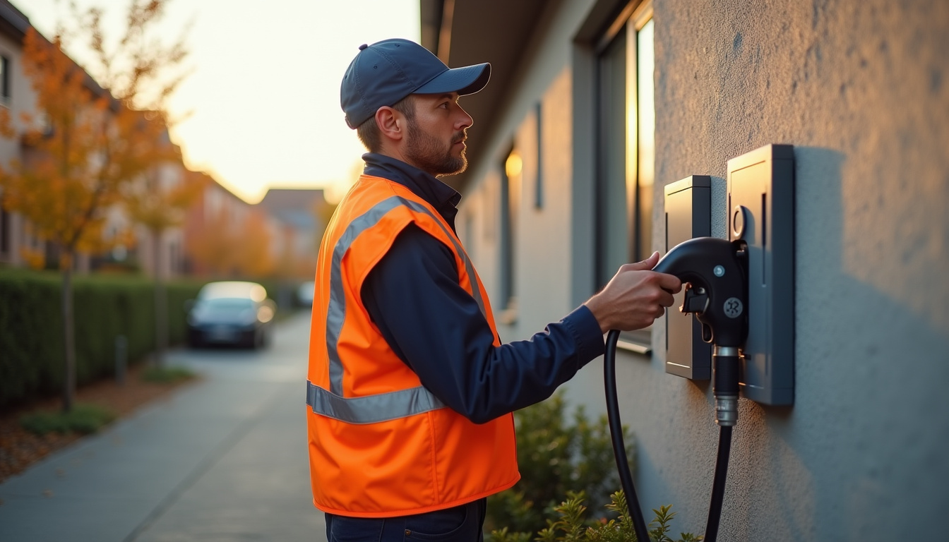 Technicien en train d'installer une borne de recharge électrique à Berson