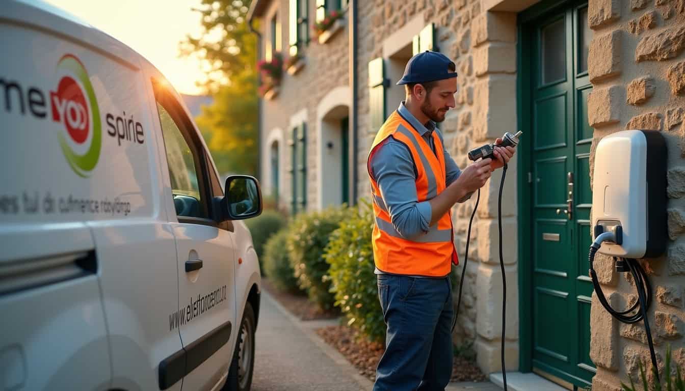 Technicien en train d'installer une borne de recharge électrique à Bessines-sur-Gartempe
