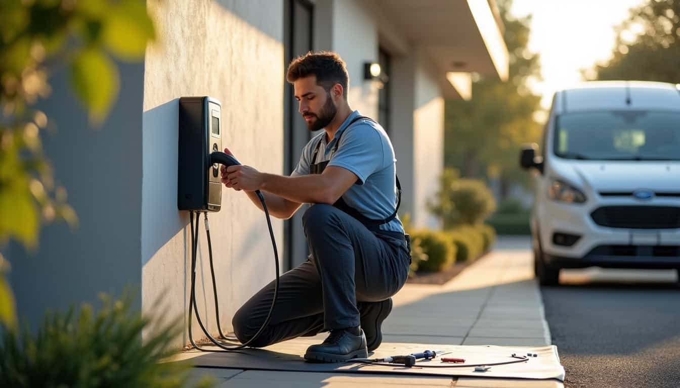Technicien en train d'installer une borne de recharge électrique à Biganos, avec matériel professionnel
