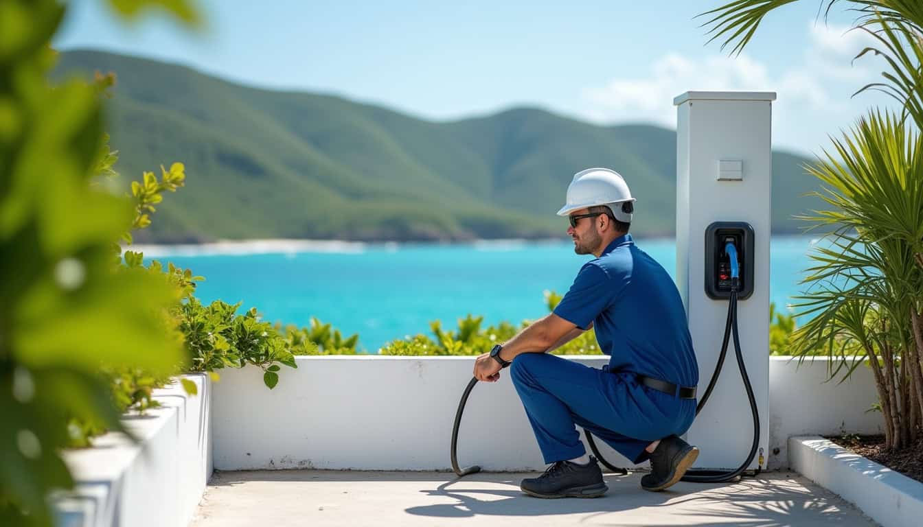 Technicien en train d'installer une borne de recharge électrique à Bouillante, commune de la Guadeloupe