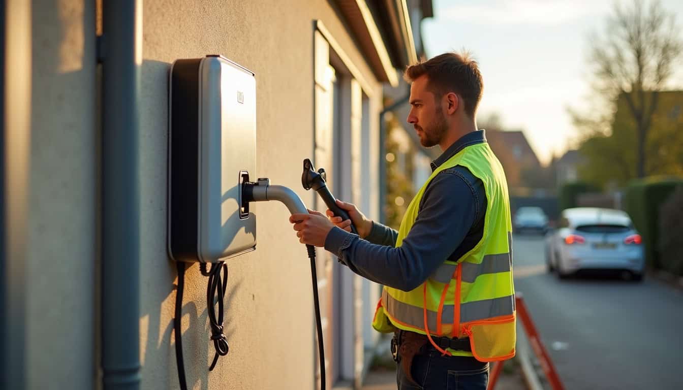 Technicien en train d'installer une borne de recharge électrique à Bouvignies