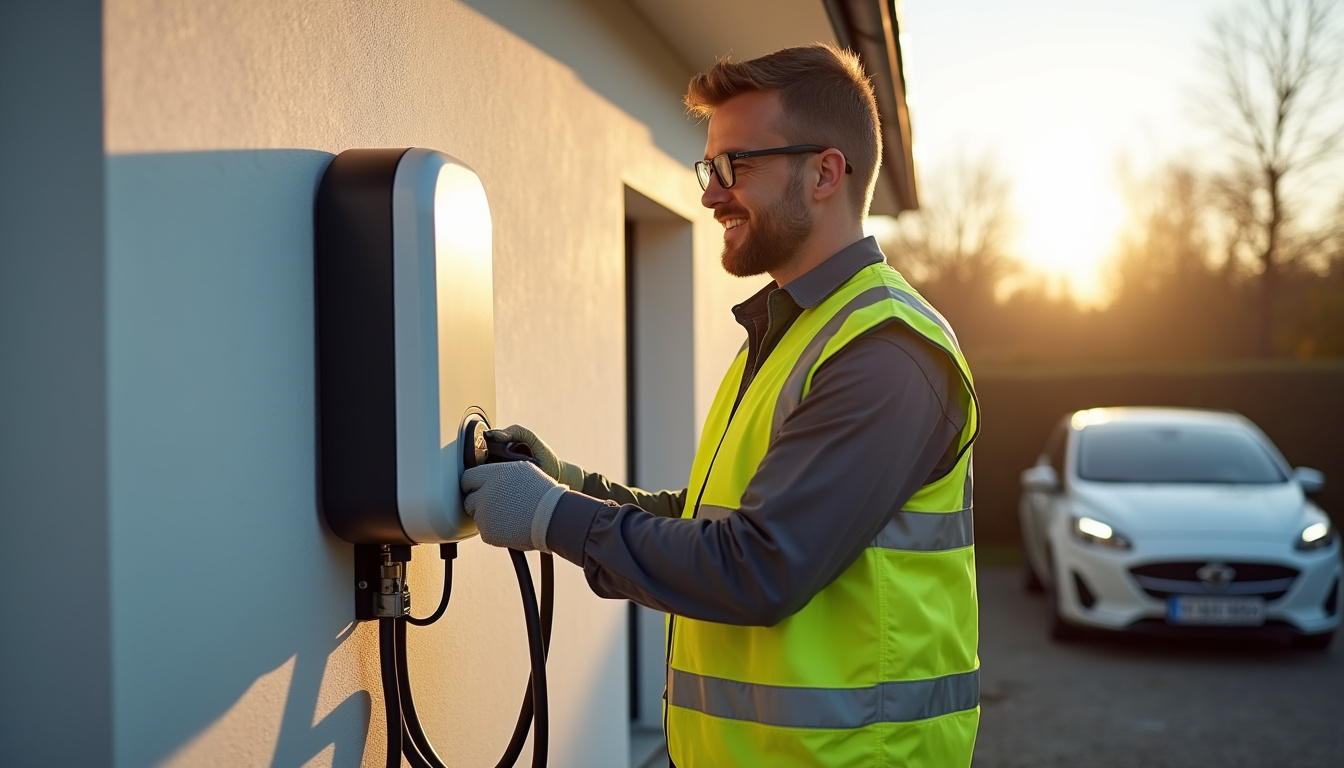 Technicien en train d’installer une borne de recharge électrique à Bruille-Saint-Amand