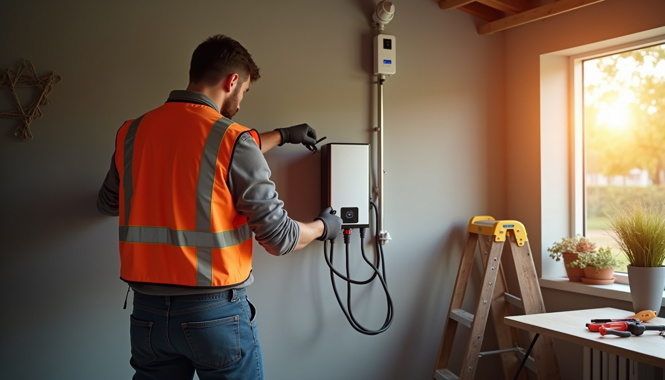 Technicien en train d'installer une borne de recharge électrique à Bussac-sur-Charente