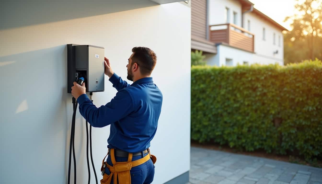 Technicien en train d'installer une borne de recharge électrique à Calan
