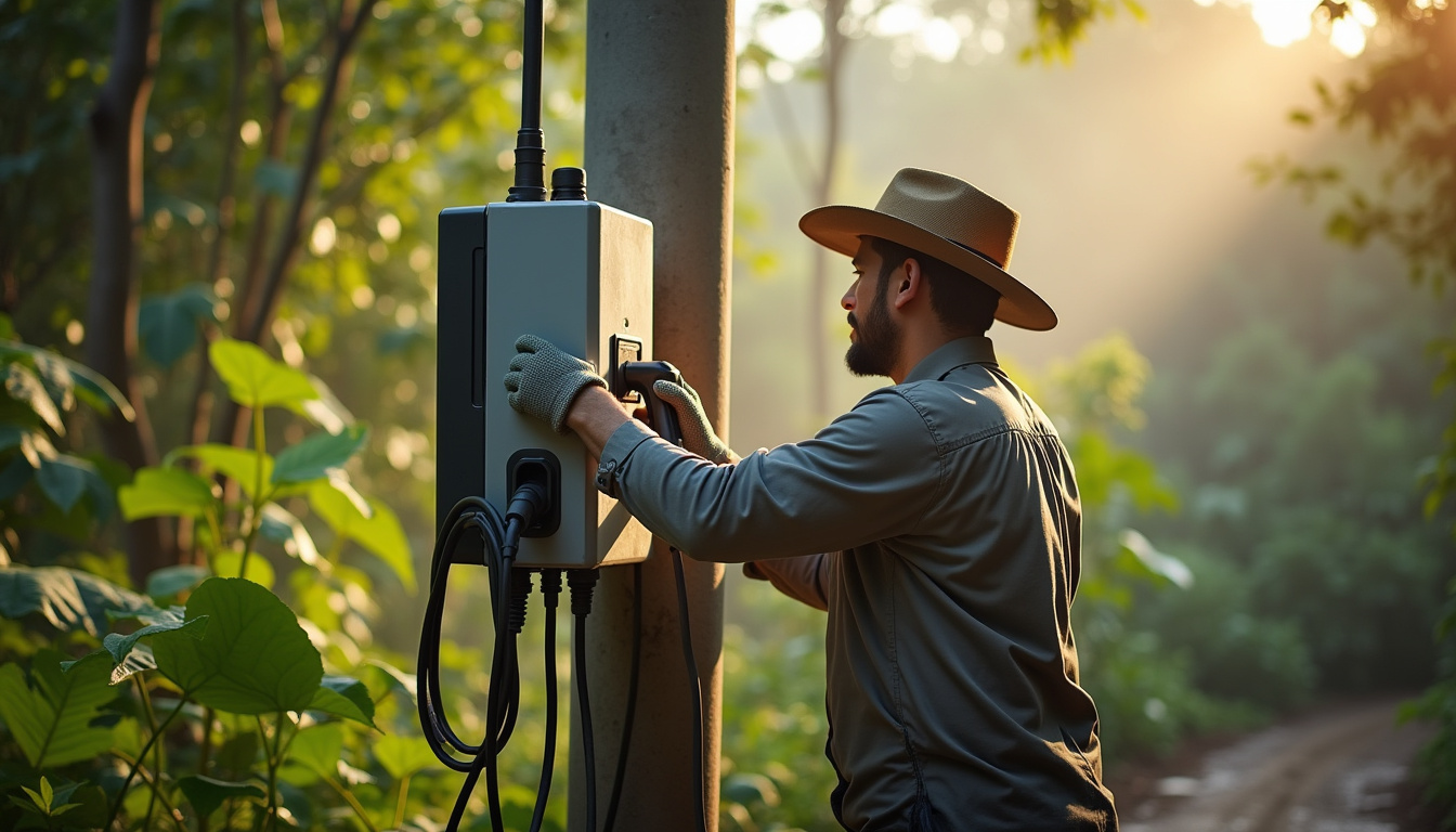 Technicien en train d'installer une borne de recharge électrique à Camopi, en milieu tropical, avec équipement de protection adapté