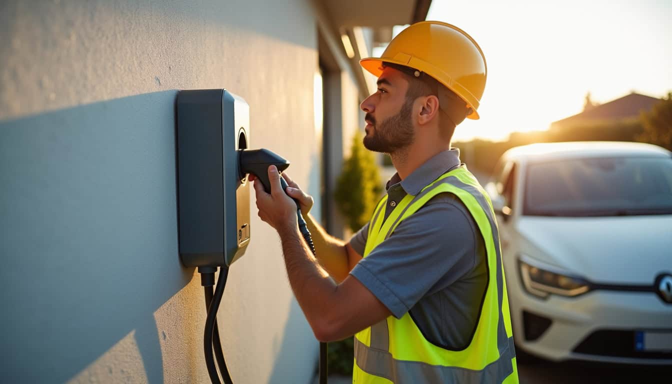 Technicien en train d'installer une borne de recharge électrique à Castelmayran