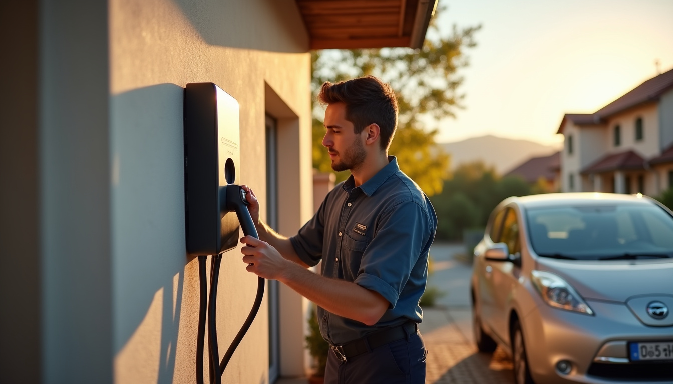 Technicien en train d'installer une borne de recharge électrique à Châbons