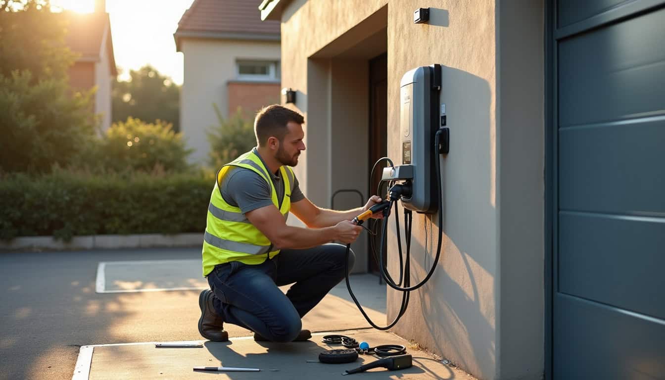 Technicien en train d'installer une borne de recharge électrique à Champagné