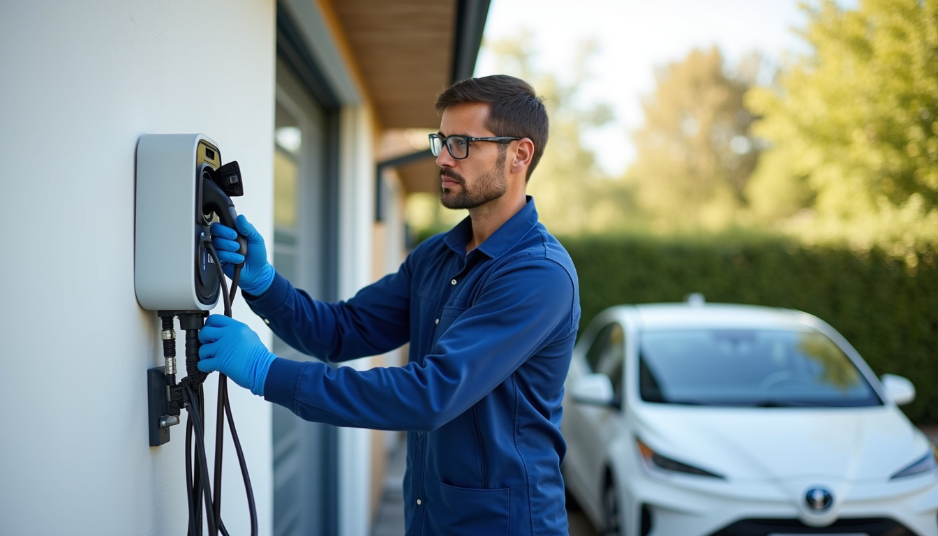 Technicien en train d'installer une borne de recharge électrique à Civrieux-d'Azergues