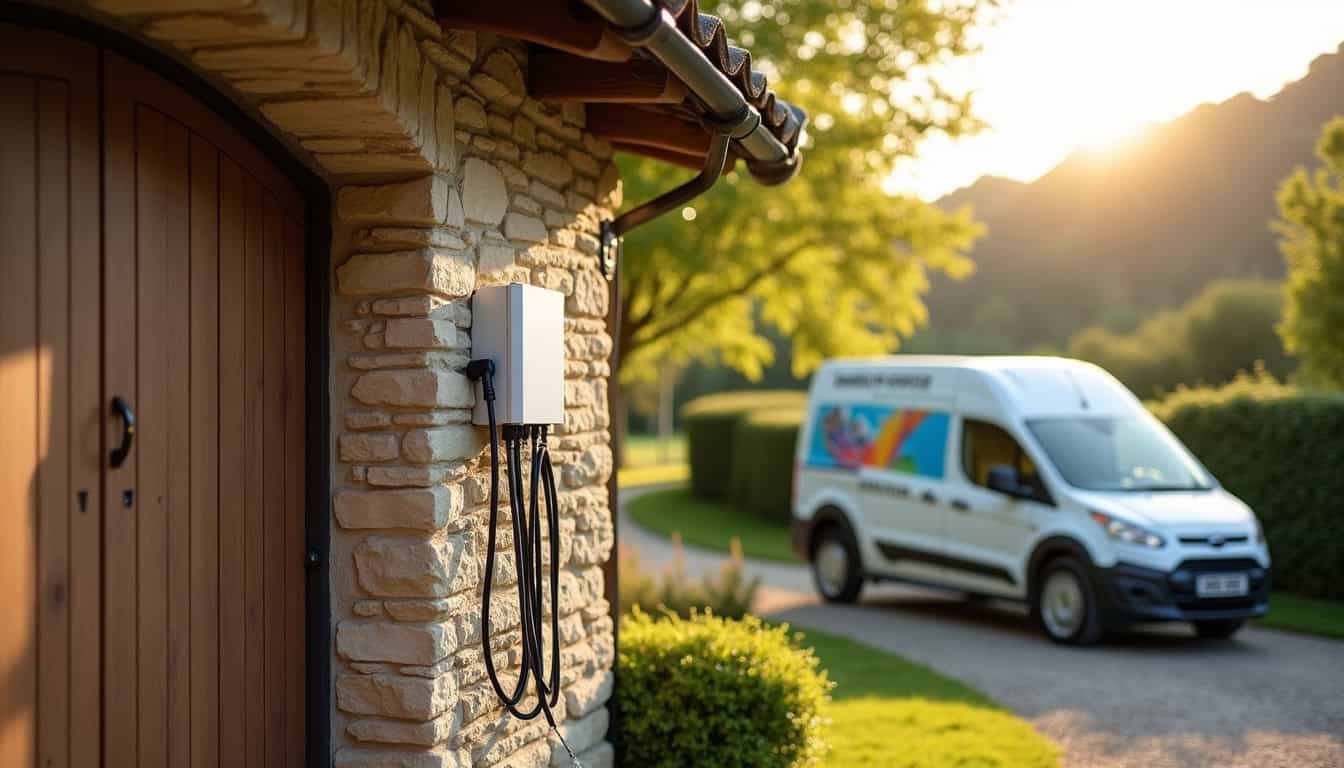Technicien en train d'installer une borne de recharge électrique à Clécy