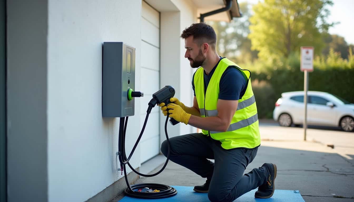 Technicien en train d'installer une borne de recharge électrique à Courcelles-sur-Nied