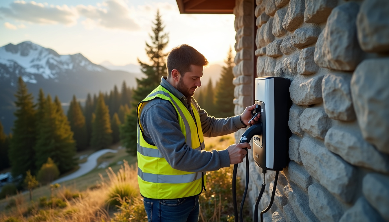 Technicien en train d'installer une borne de recharge électrique à Crêts en Belledonne