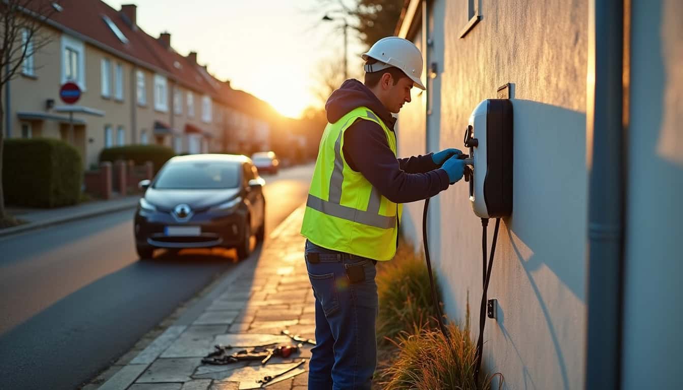 Technicien en train d'installer une borne de recharge électrique à Damigny
