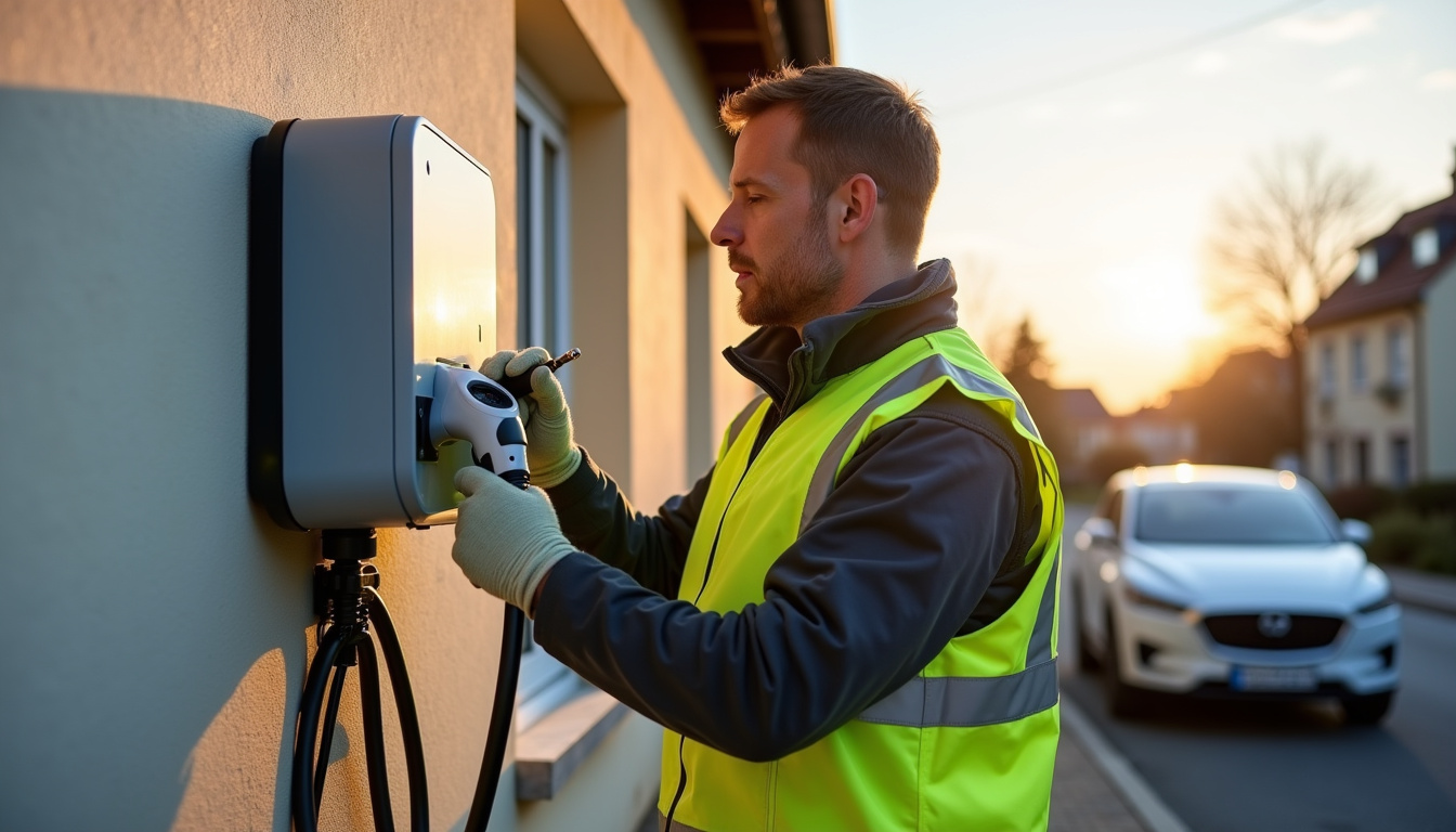 Technicien en train d'installer une borne de recharge électrique à Dammartin-en-Serve