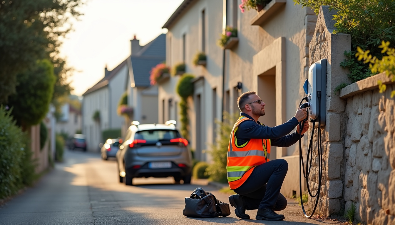 Technicien en train d'installer une borne de recharge électrique à Deauville