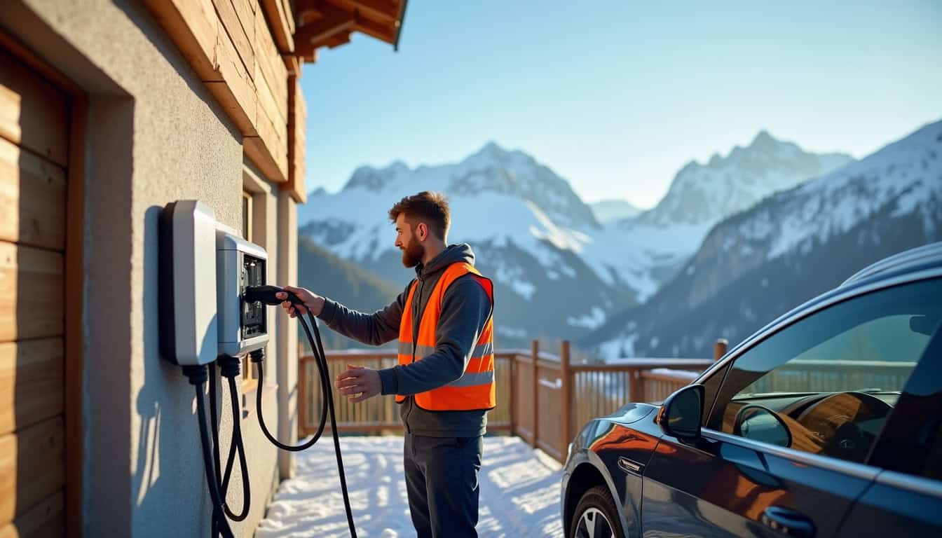 Technicien en train d'installer une borne de recharge électrique à domicile à Les Arcs