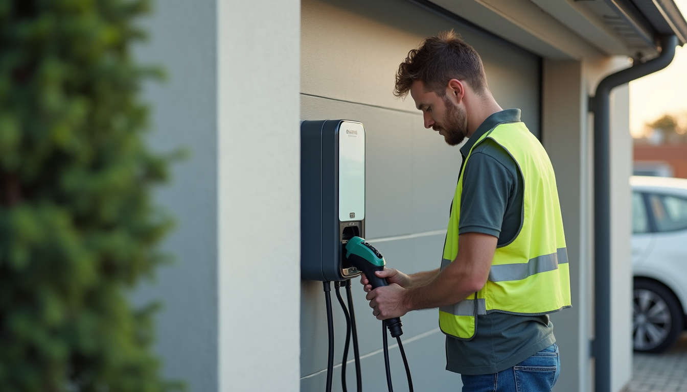 Technicien en train d'installer une borne de recharge électrique à domicile