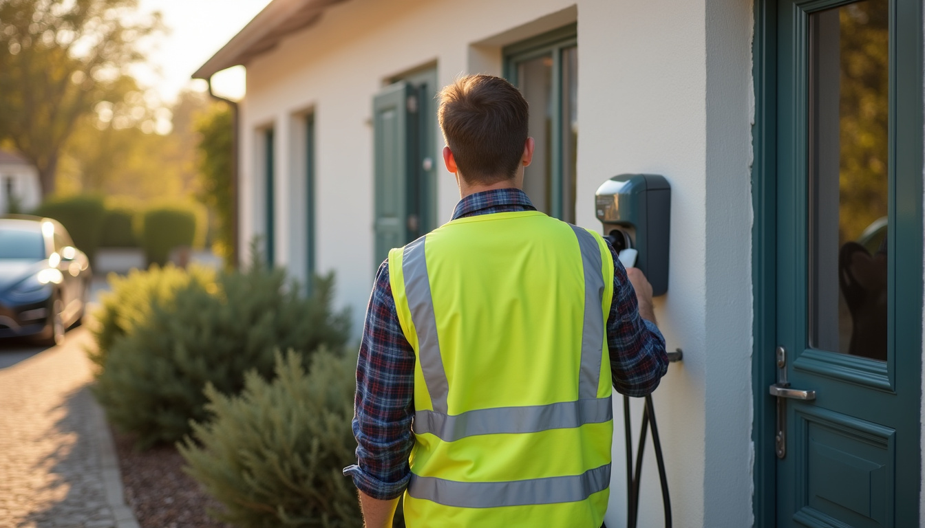 Technicien en train d'installer une borne de recharge électrique à Dordives