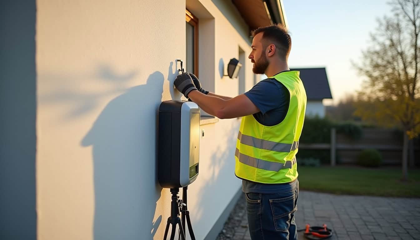 Technicien en train d'installer une borne de recharge électrique à Dossenheim-sur-Zinsel