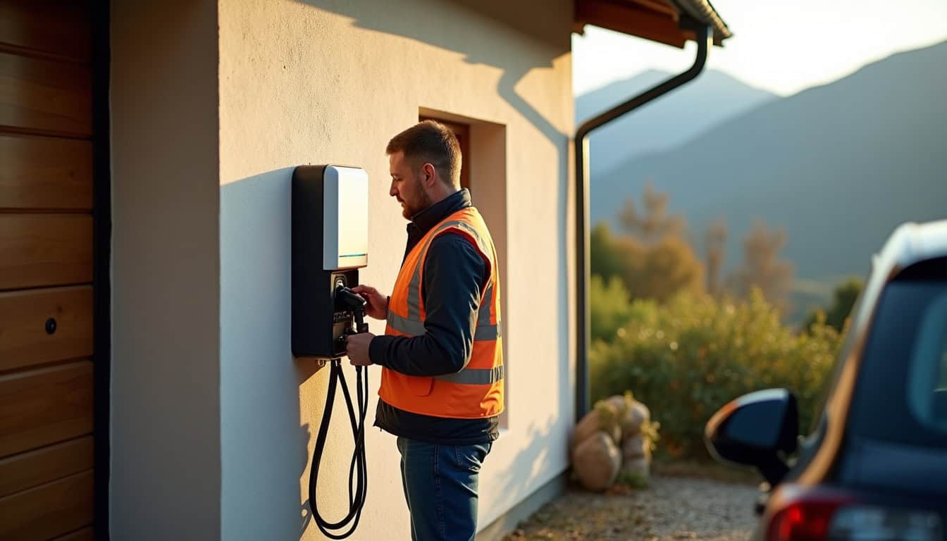 Technicien en train d'installer une borne de recharge électrique à Échenevex