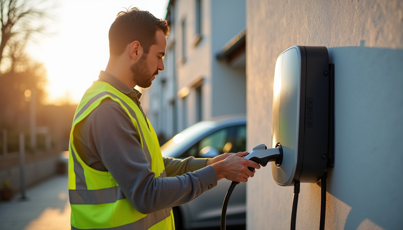 Technicien en train d'installer une borne de recharge électrique à Écully