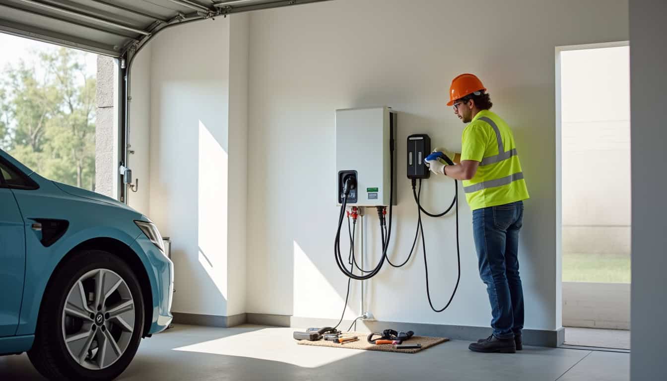 Technicien en train d'installer une borne de recharge électrique à Eymeux