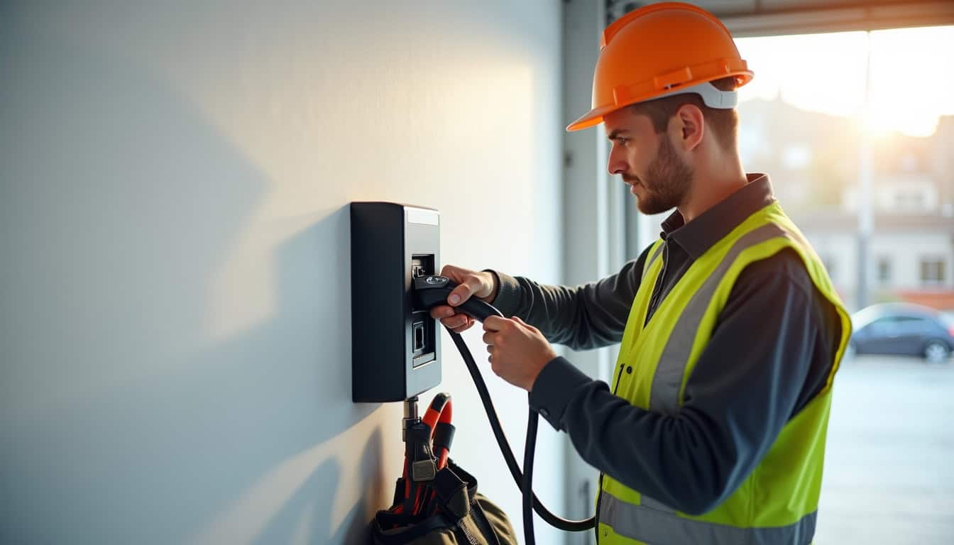 Technicien en train d'installer une borne de recharge électrique à Fursac, en respectant les normes de sécurité