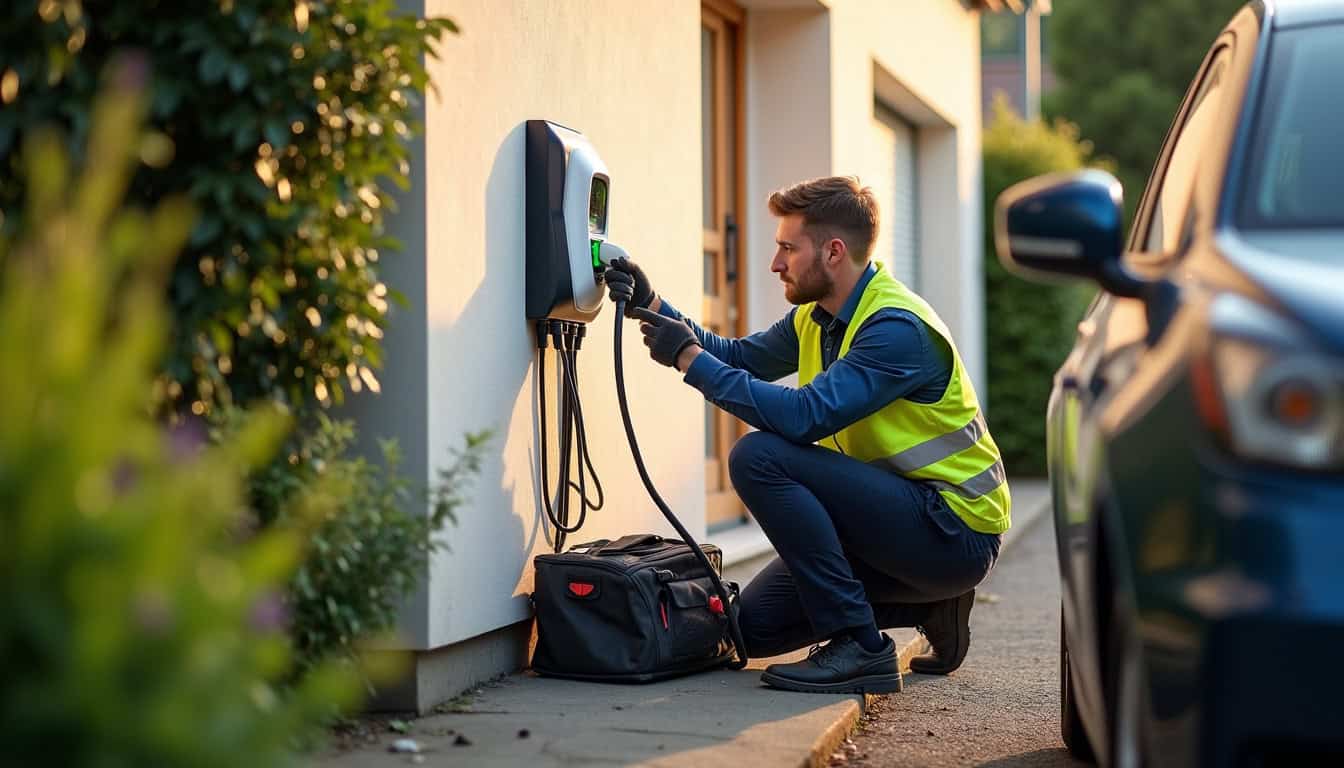 Technicien en train d'installer une borne de recharge électrique à Griesheim-près-Molsheim
