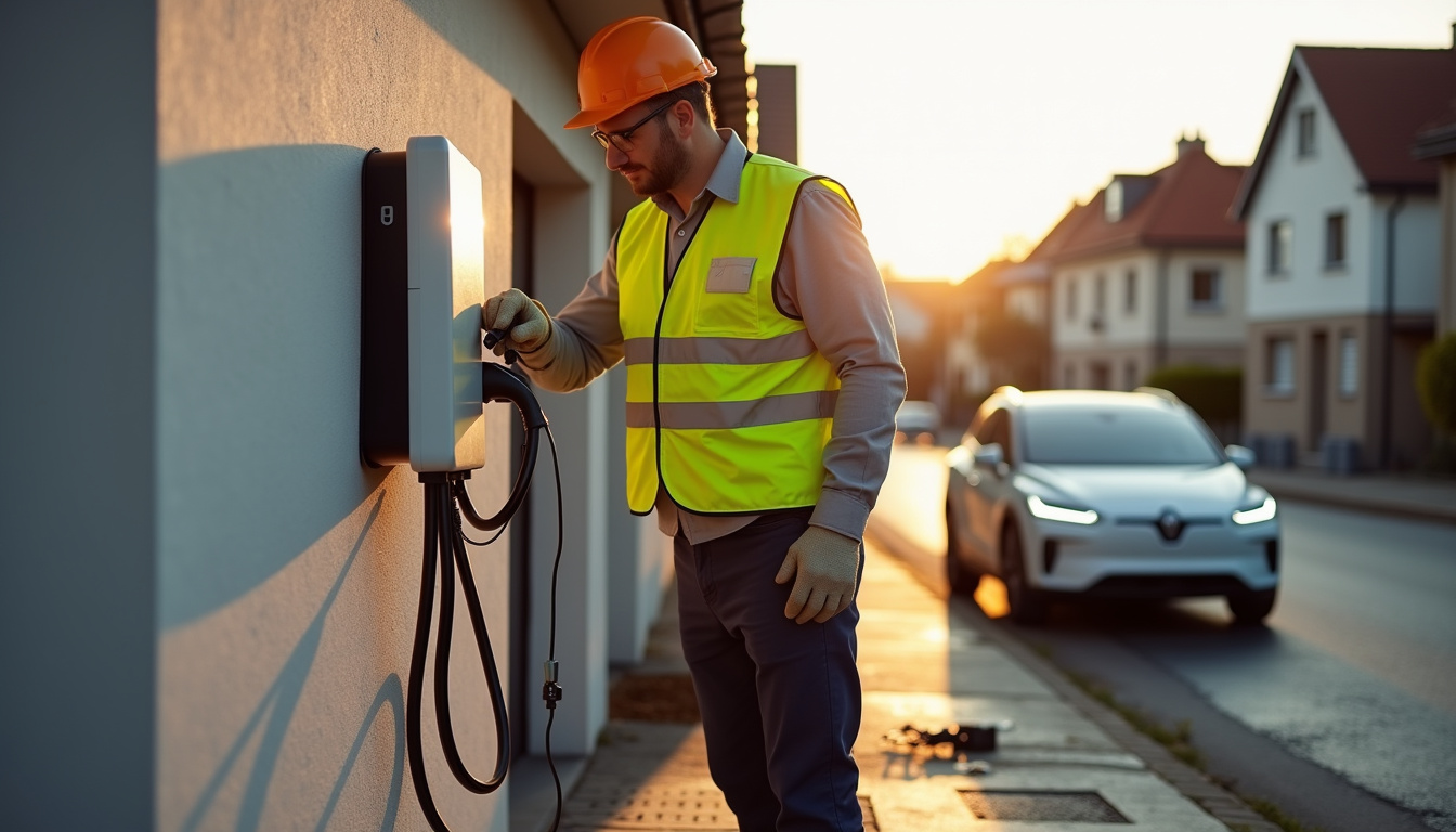 Technicien en train d'installer une borne de recharge électrique à Grisy-Suisnes