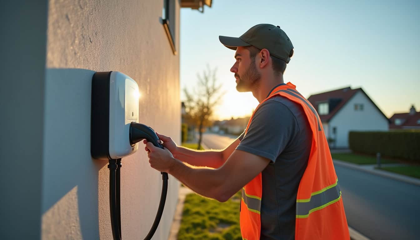 Technicien en train d'installer une borne de recharge électrique à Jassans-Riottier