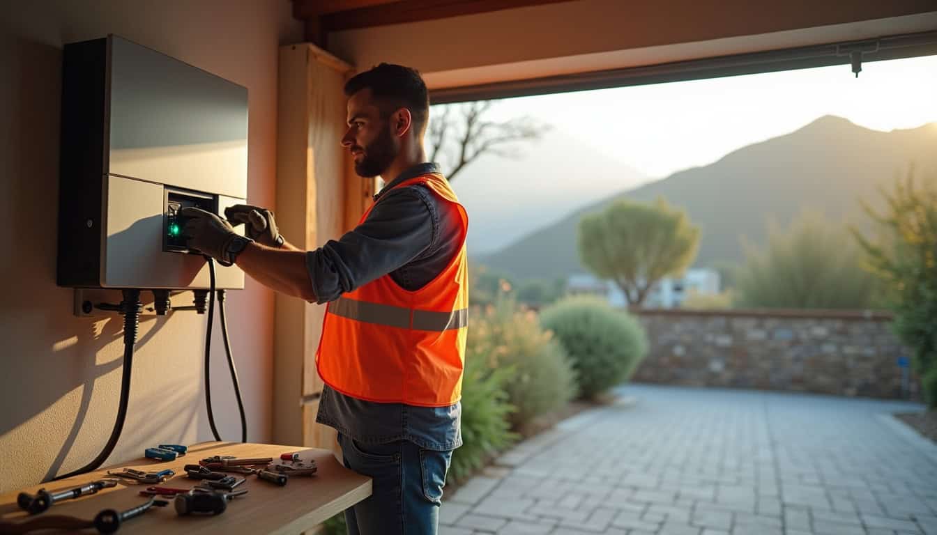 Technicien en train d’installer une borne de recharge électrique à La Tronche