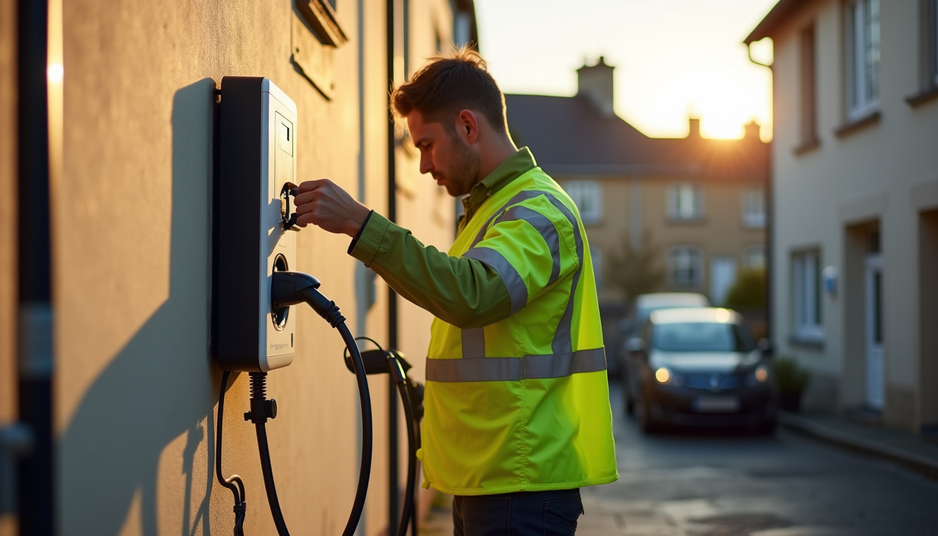 Technicien en train d’installer une borne de recharge électrique à Lamballe-Armor