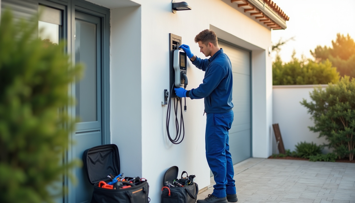 Technicien en train d'installer une borne de recharge électrique à Les Pennes-Mirabeau