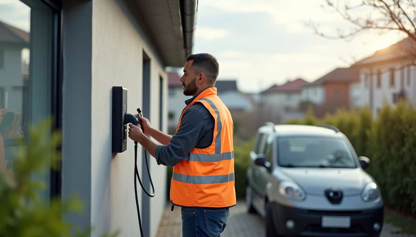 Technicien en train d'installer une borne de recharge électrique à l'extérieur d'une maison à Mons-en-Barœul