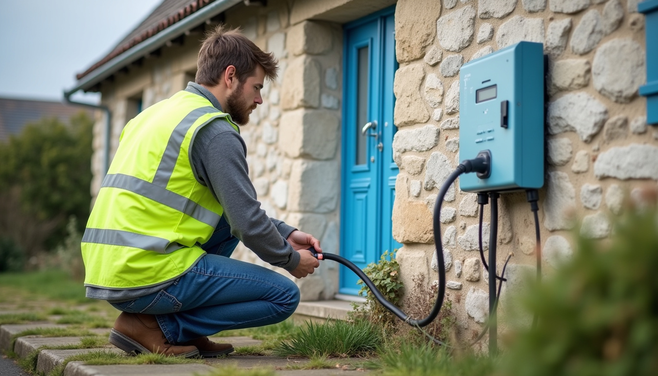 Technicien en train d'installer une borne de recharge électrique à l'extérieur d'une maison à Paimpol