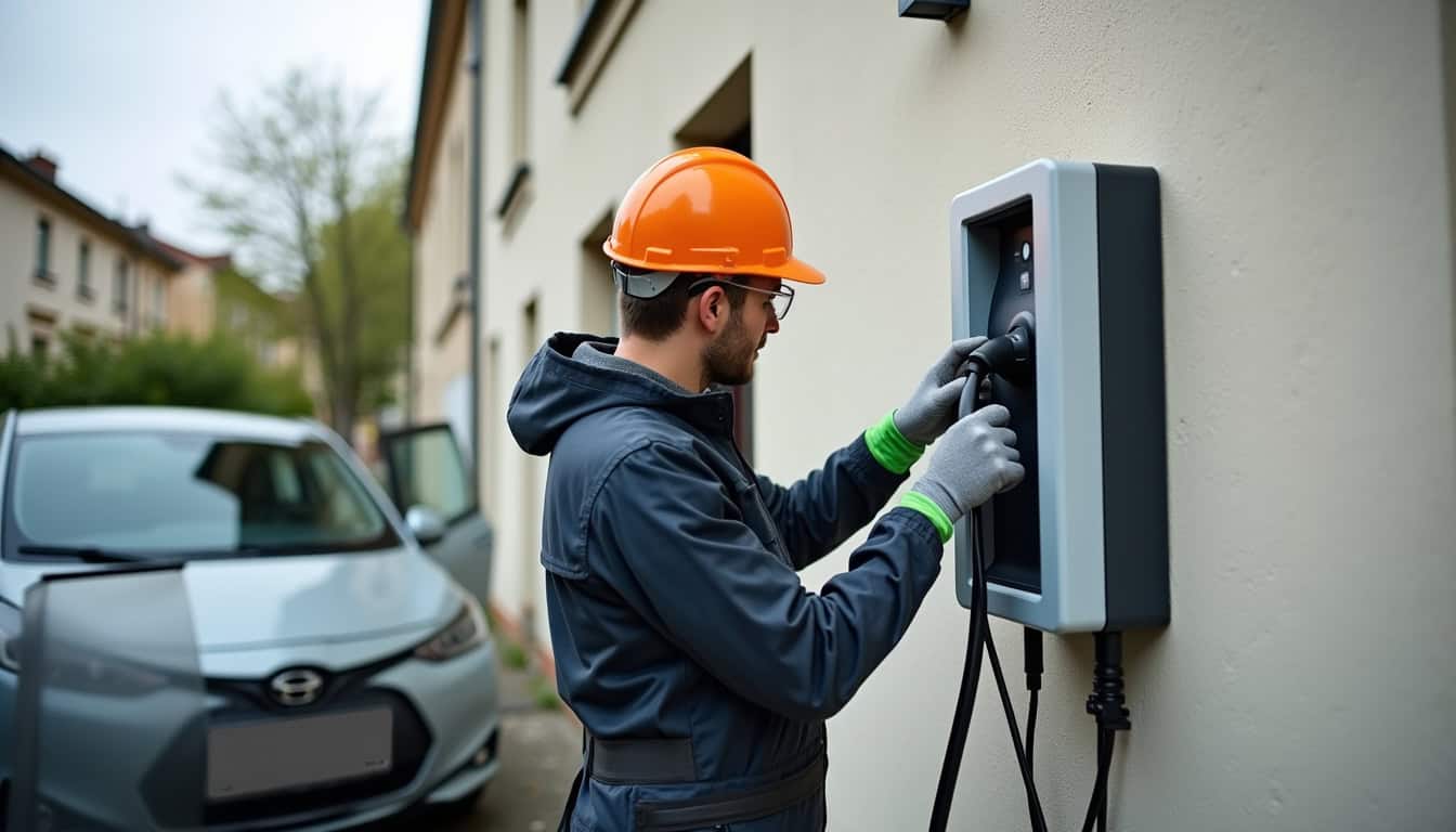 Technicien en train d’installer une borne de recharge électrique à Liévin