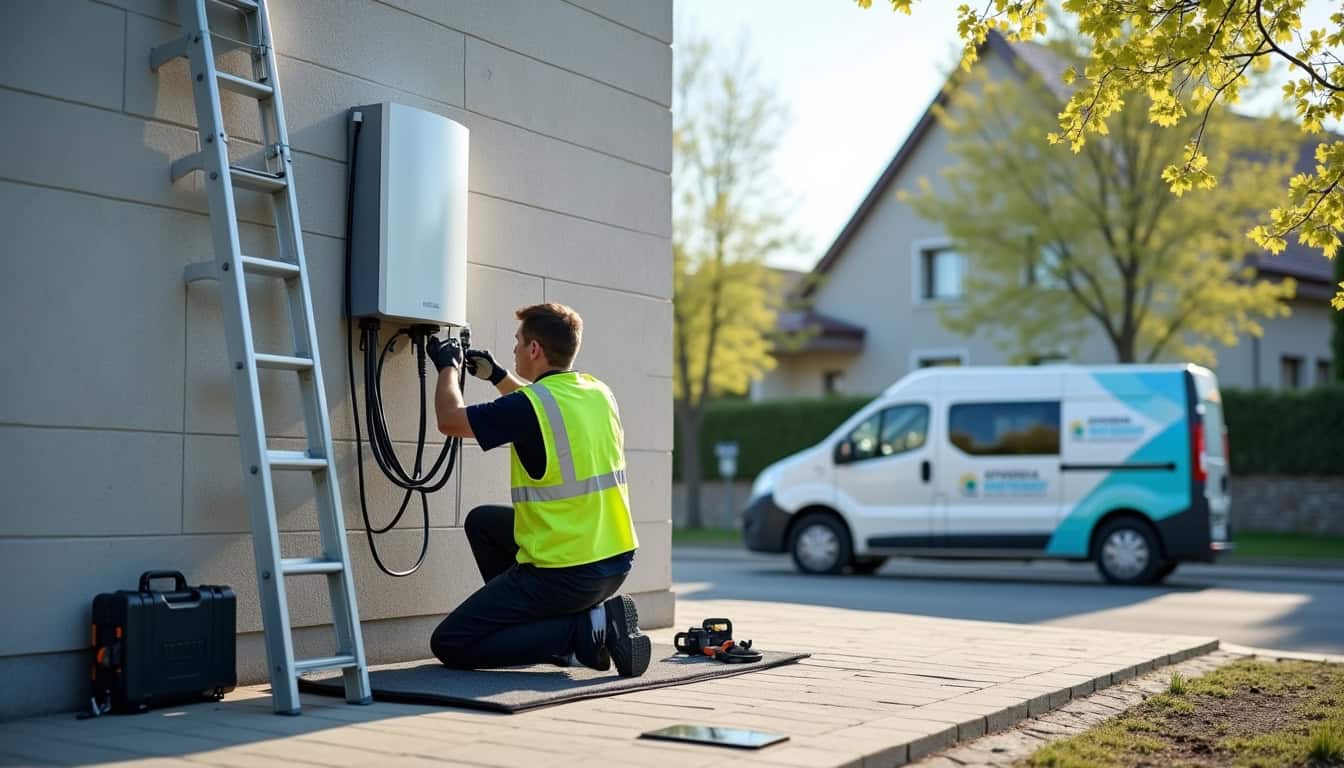 Technicien en train d'installer une borne de recharge électrique à Lipsheim