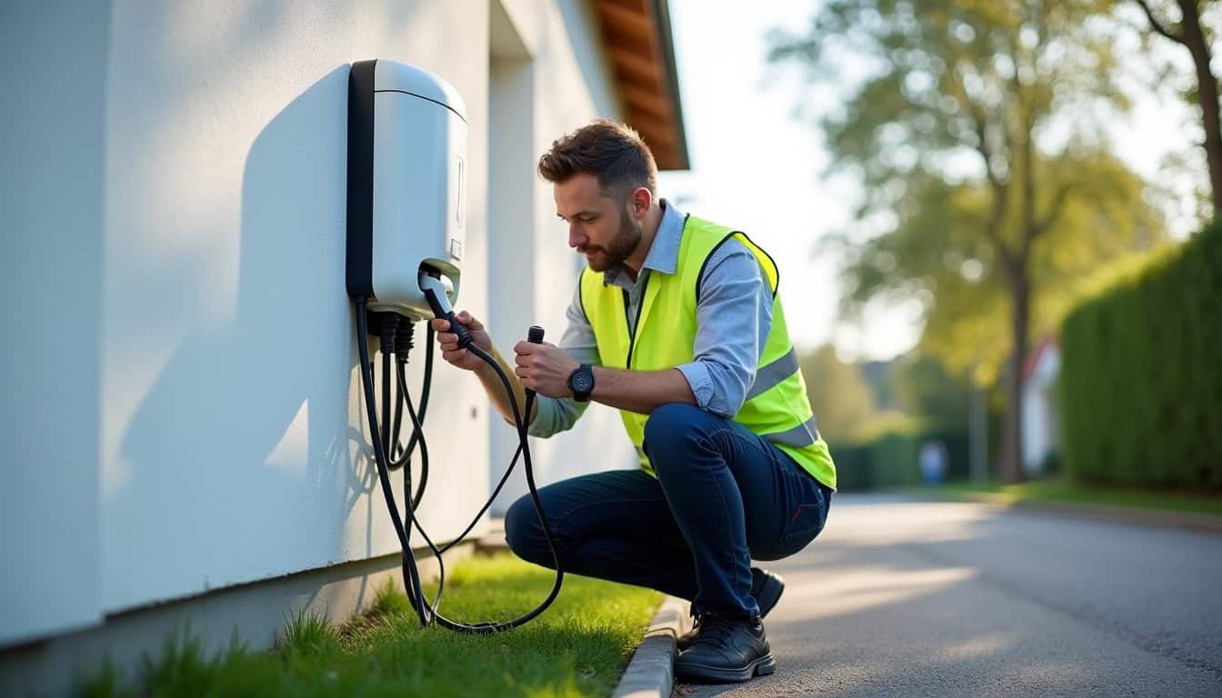 Technicien en train d'installer une borne de recharge électrique à Lisle-sur-Tarn