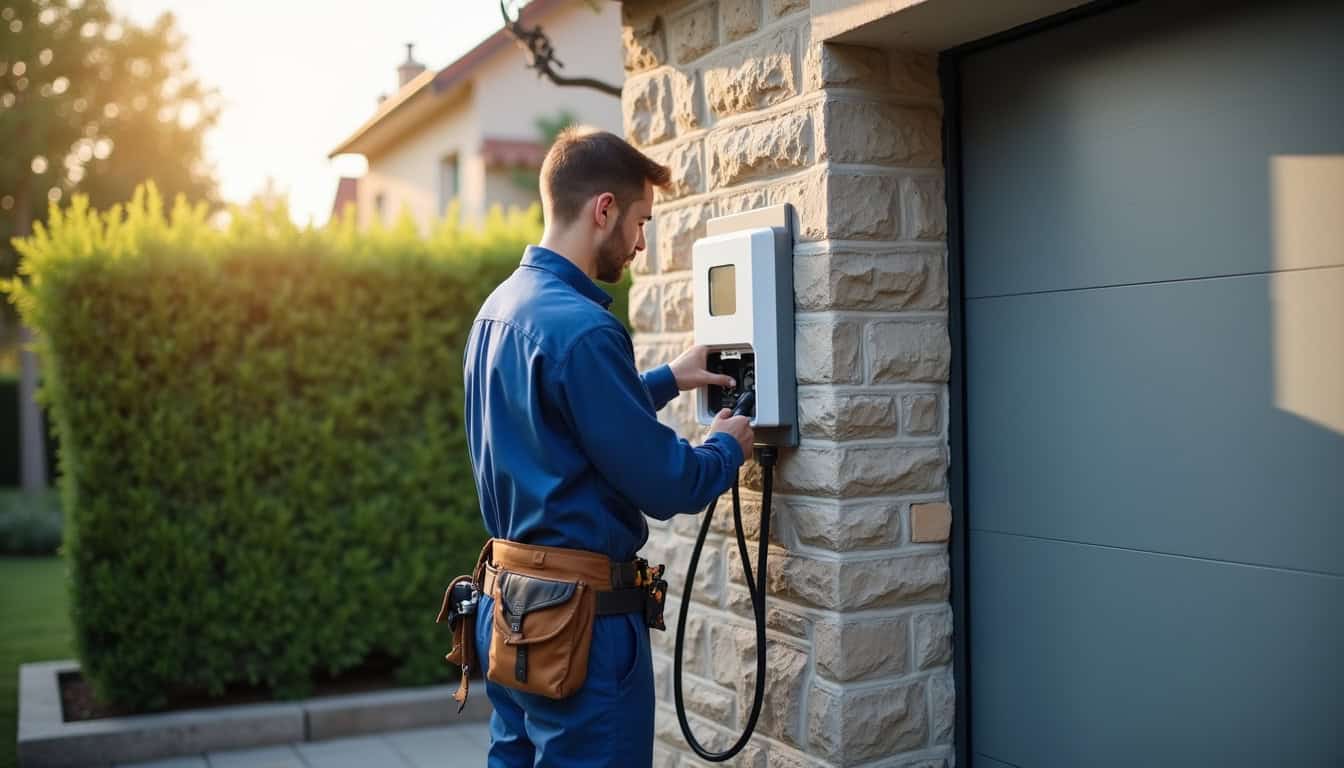 Technicien en train d'installer une borne de recharge électrique à Loperhet