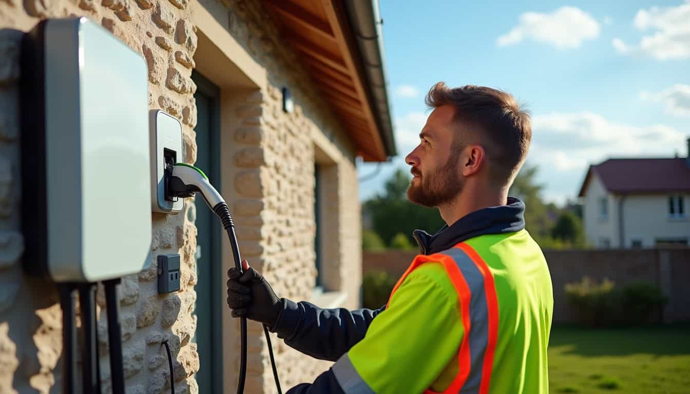 Technicien en train d'installer une borne de recharge électrique à Luceau