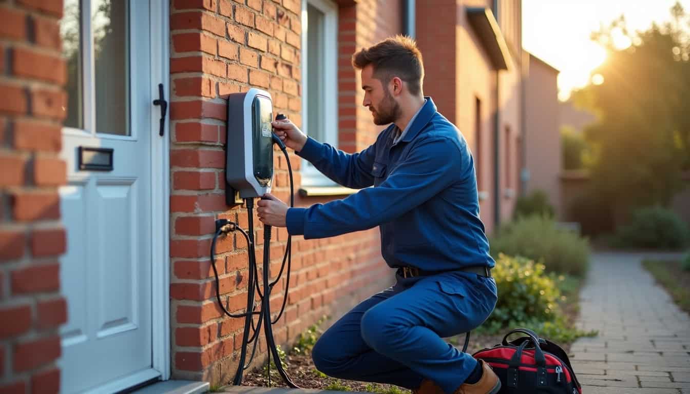 Technicien en train d'installer une borne de recharge électrique à Marciac