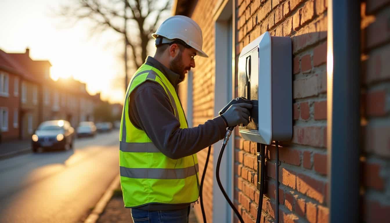 Technicien en train d'installer une borne de recharge électrique à Marcq-en-Barœul