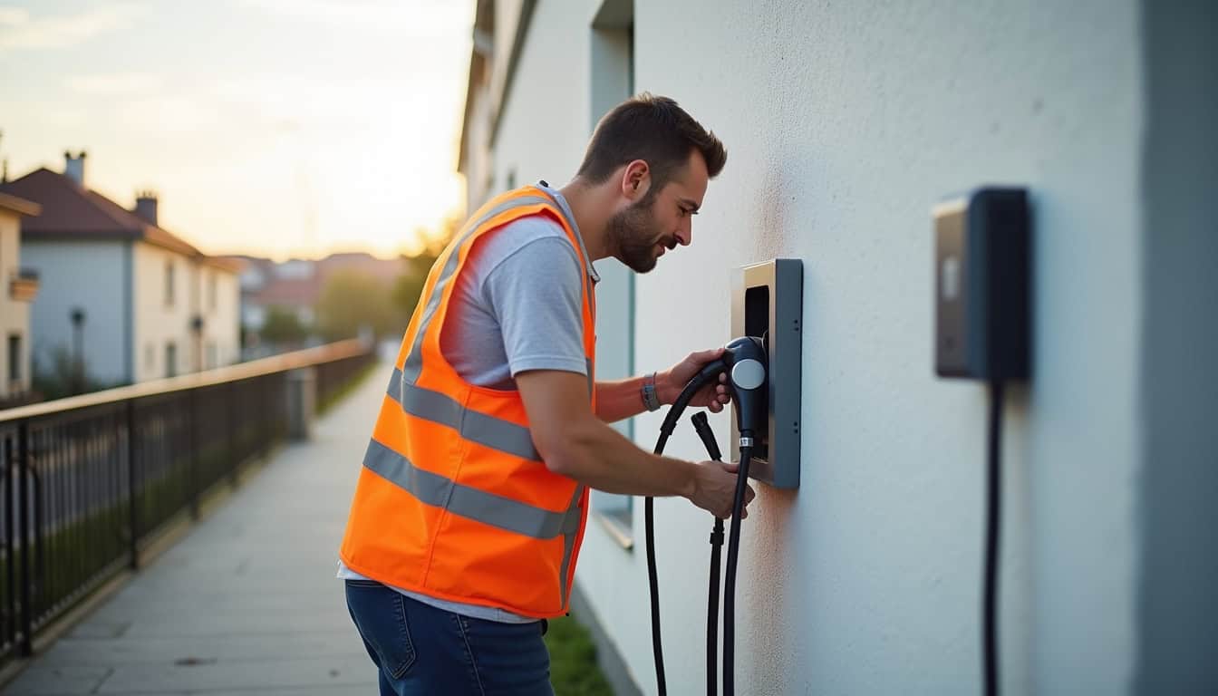 Technicien en train d'installer une borne de recharge électrique à Mérignac