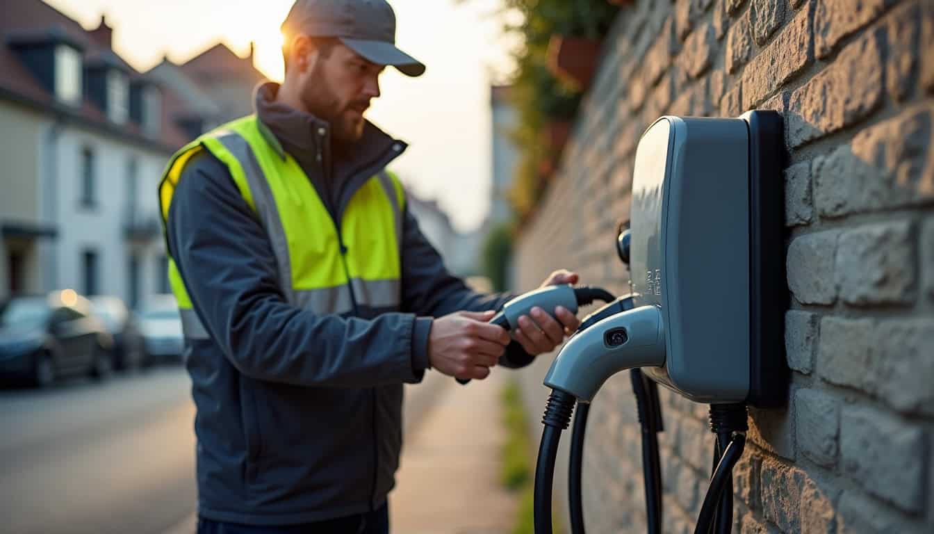 Technicien en train d'installer une borne de recharge électrique à Metzervisse