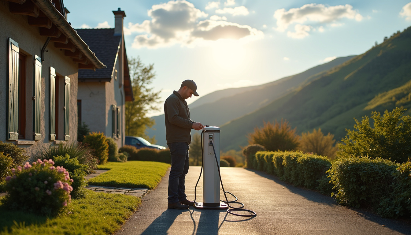 Technicien en train d'installer une borne de recharge électrique à Mont Lozère et Goulet