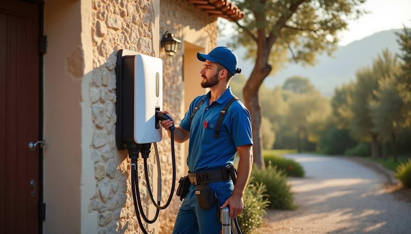 Technicien en train d'installer une borne de recharge électrique à Montéléger