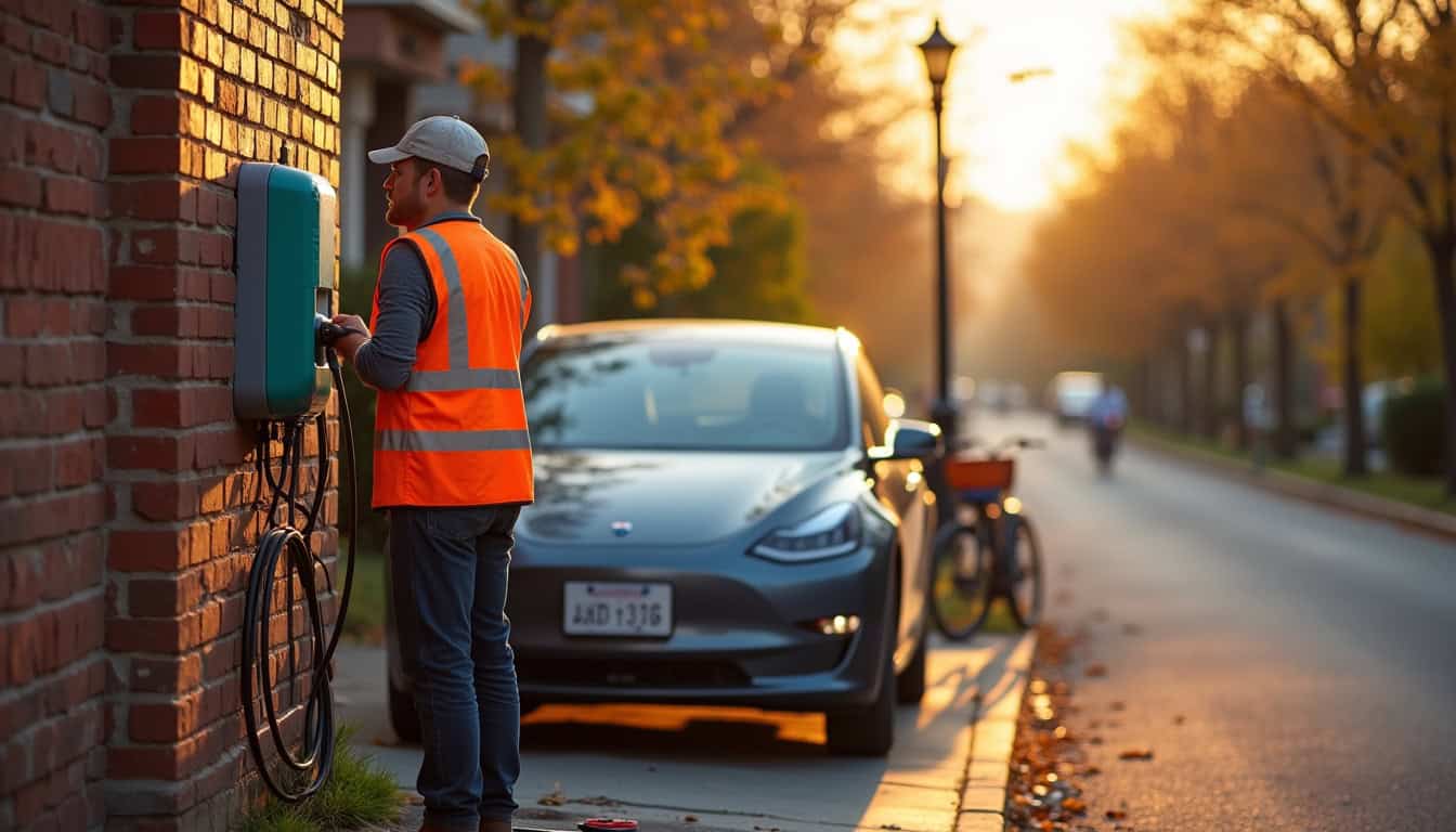 Technicien en train d'installer une borne de recharge électrique à Montreuil