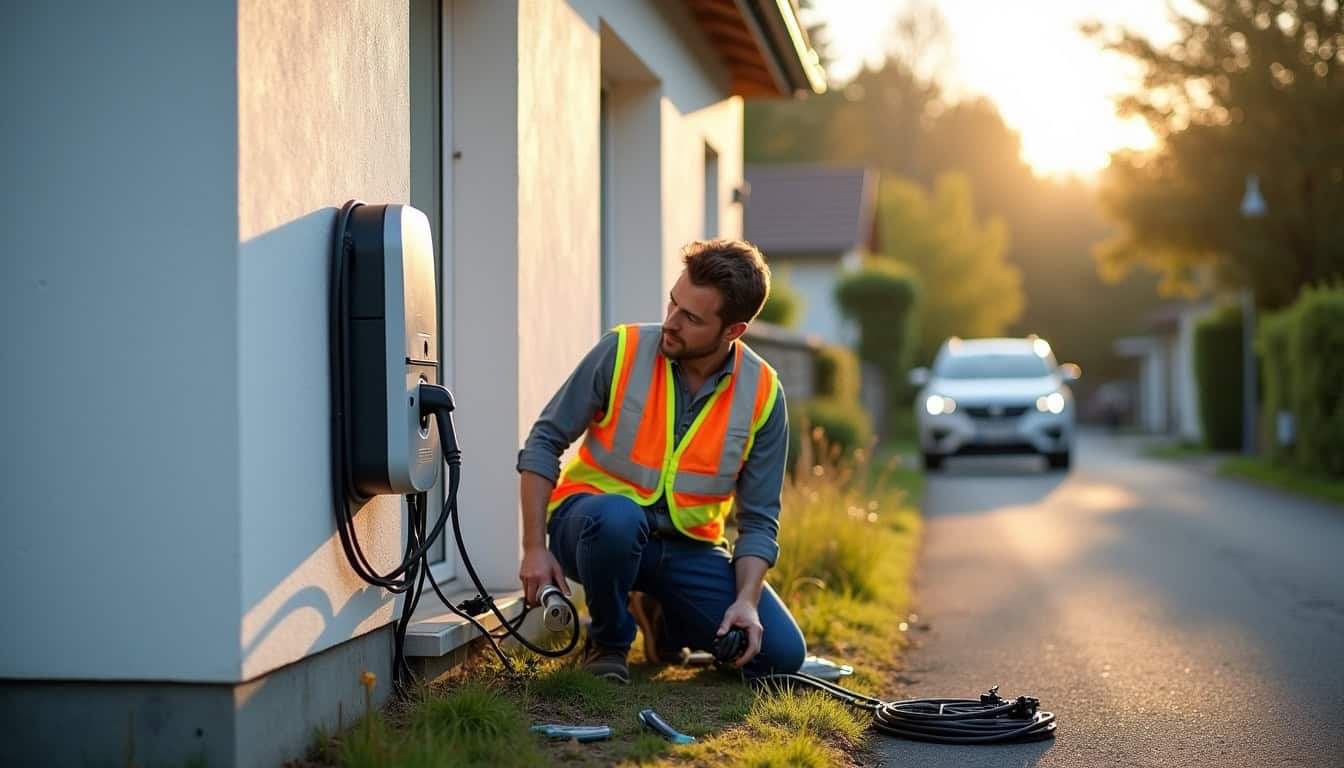 Technicien en train d'installer une borne de recharge électrique à Neuville-sur-Sarthe