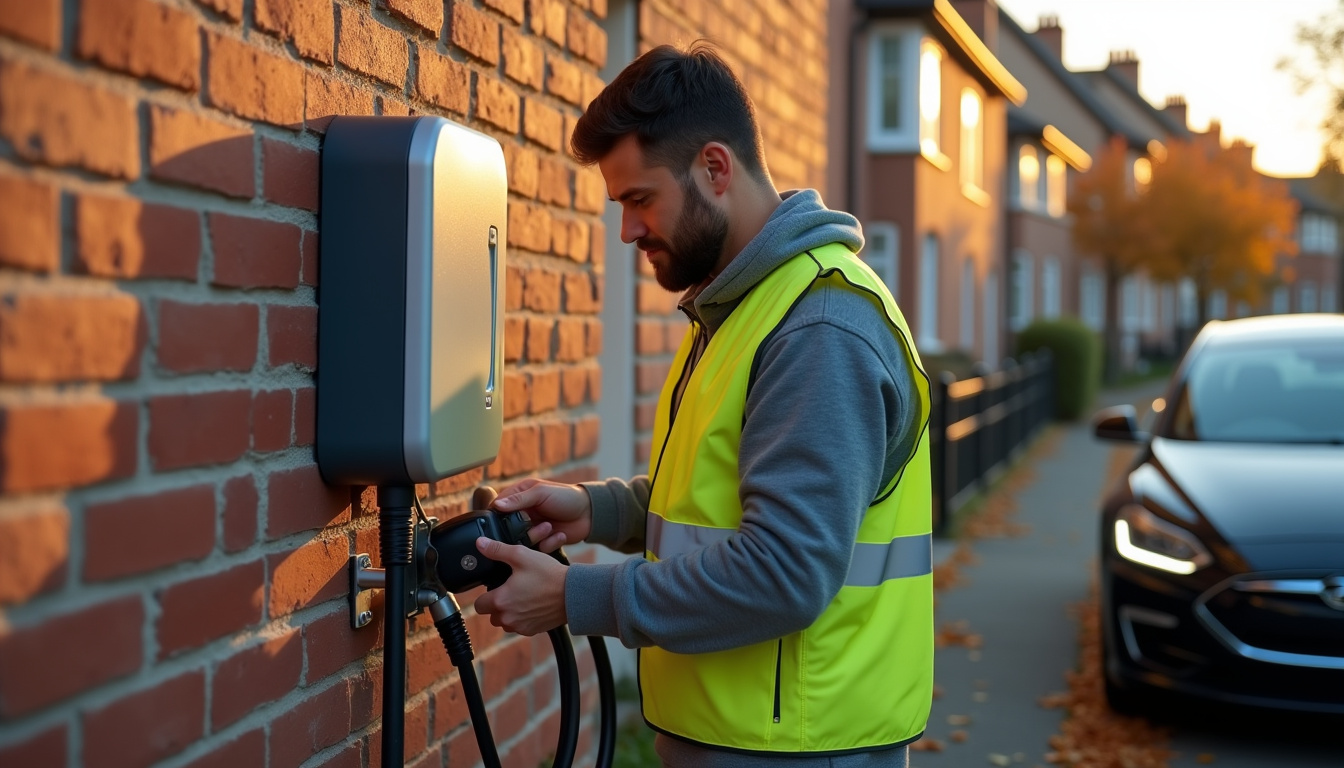 Technicien en train d'installer une borne de recharge électrique à Noisiel