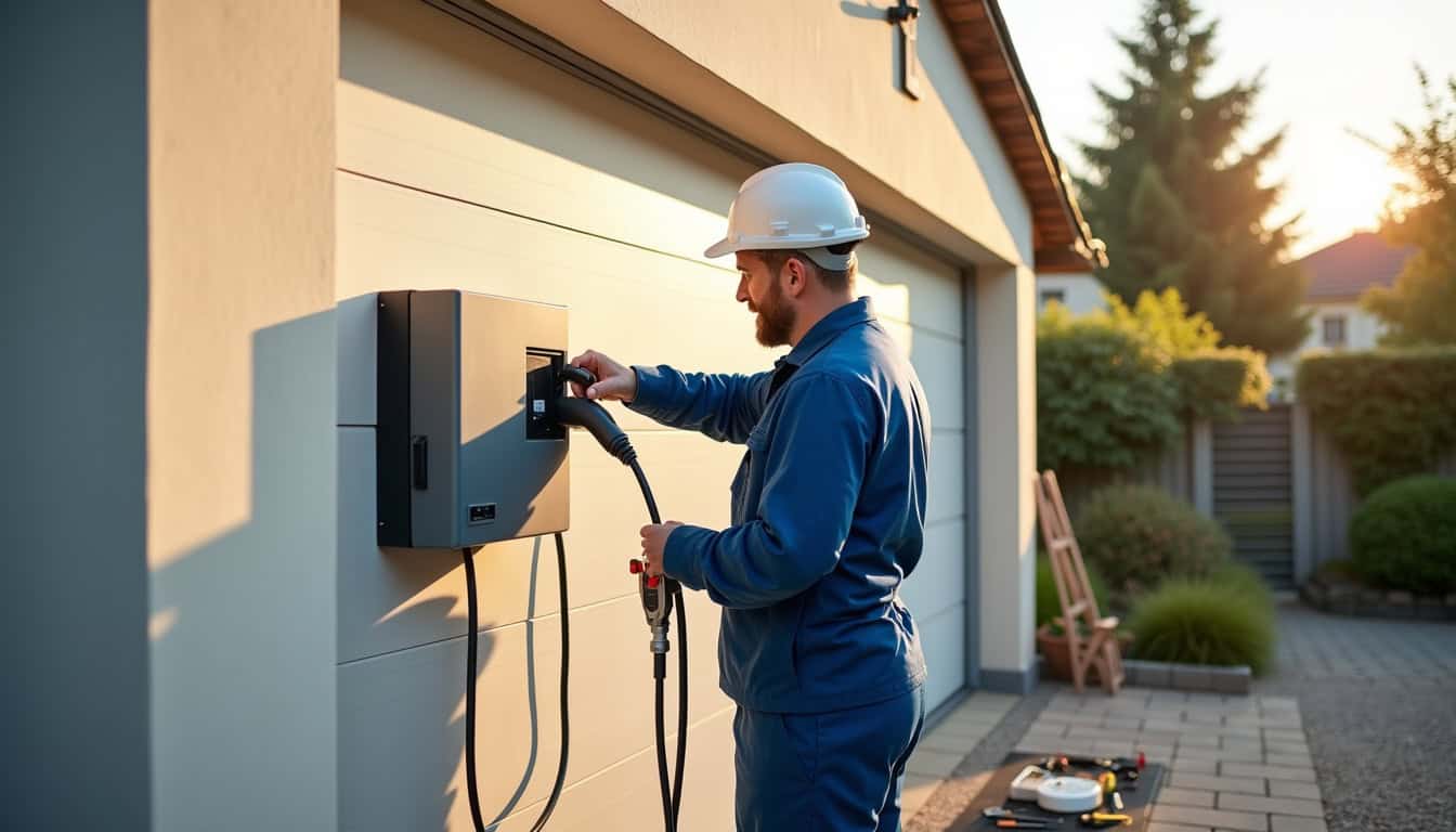 Technicien en train d'installer une borne de recharge électrique à Oinville-sur-Montcient